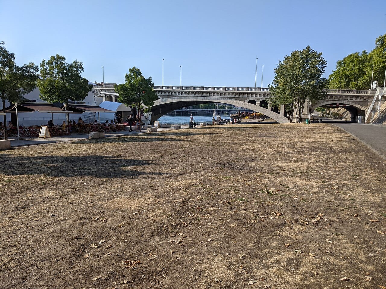 Étendue d'herbe entièrement jaunie et grillée par le soleil, le long d'un fleuve.