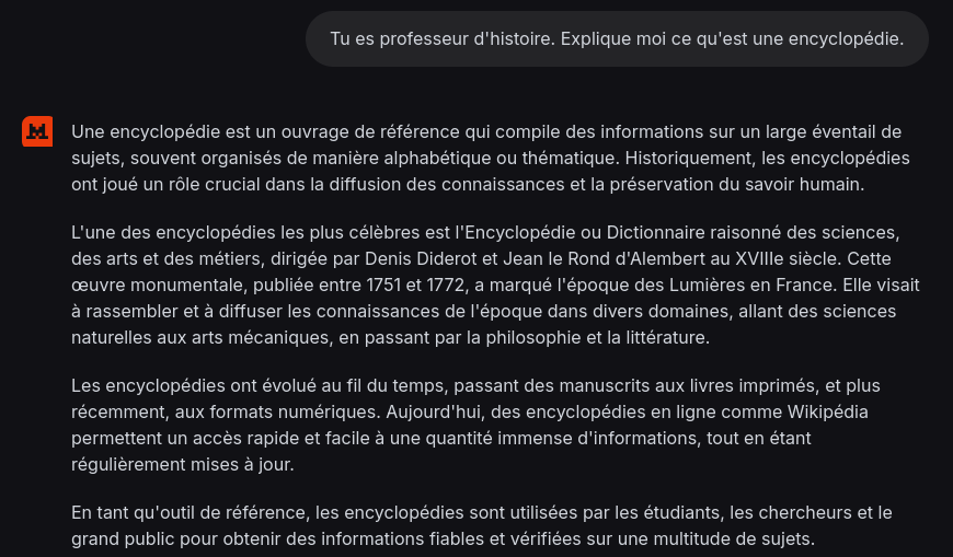 Exemple d'échange avec l'assistant conversationnel Le Chat de Mistral AI