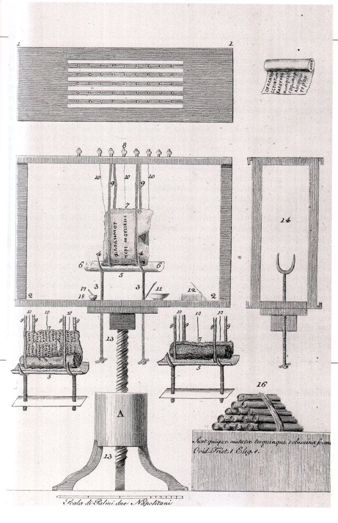 Gravure de 1858 montrant la machine à dérouler les papyrus conçue par l'abbé Piaggio.